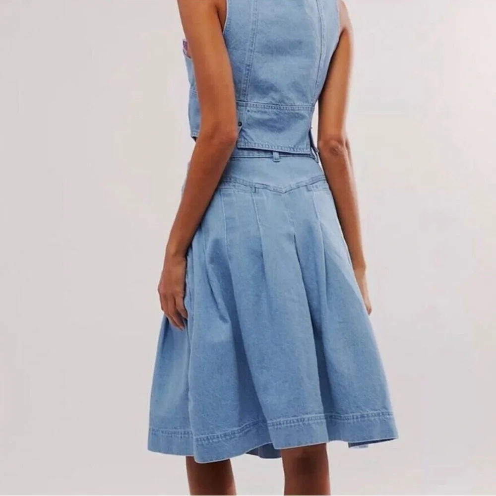 Free People Scout Light Wash Denim Set with Pleated Midi Skirt Size 10